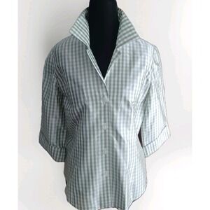 Linda Allard Ellen Tracy Silk Gingham Shirt Green White Cuffed Sleeve Petite 8